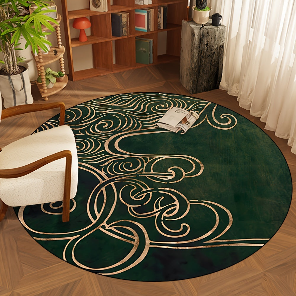 Alfombra redonda de lujo verde oscuro, diseño de líneas simples, poliéster resistente a las manchas, para sala de estar, dormitorio, decoración de silla de oficina, lavable a máquina, decoración de dormitorio de entrada