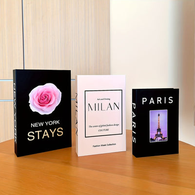 3 libros decorativos de lujo - "Nueva York se queda" con diseño de rosa, "Milán" libro de moda y "París" guía de viajes - Ideal para decoración de hogar, oficina o café, decoración de oficina | Exhibición de libros elegantes | Estilo Art Deco