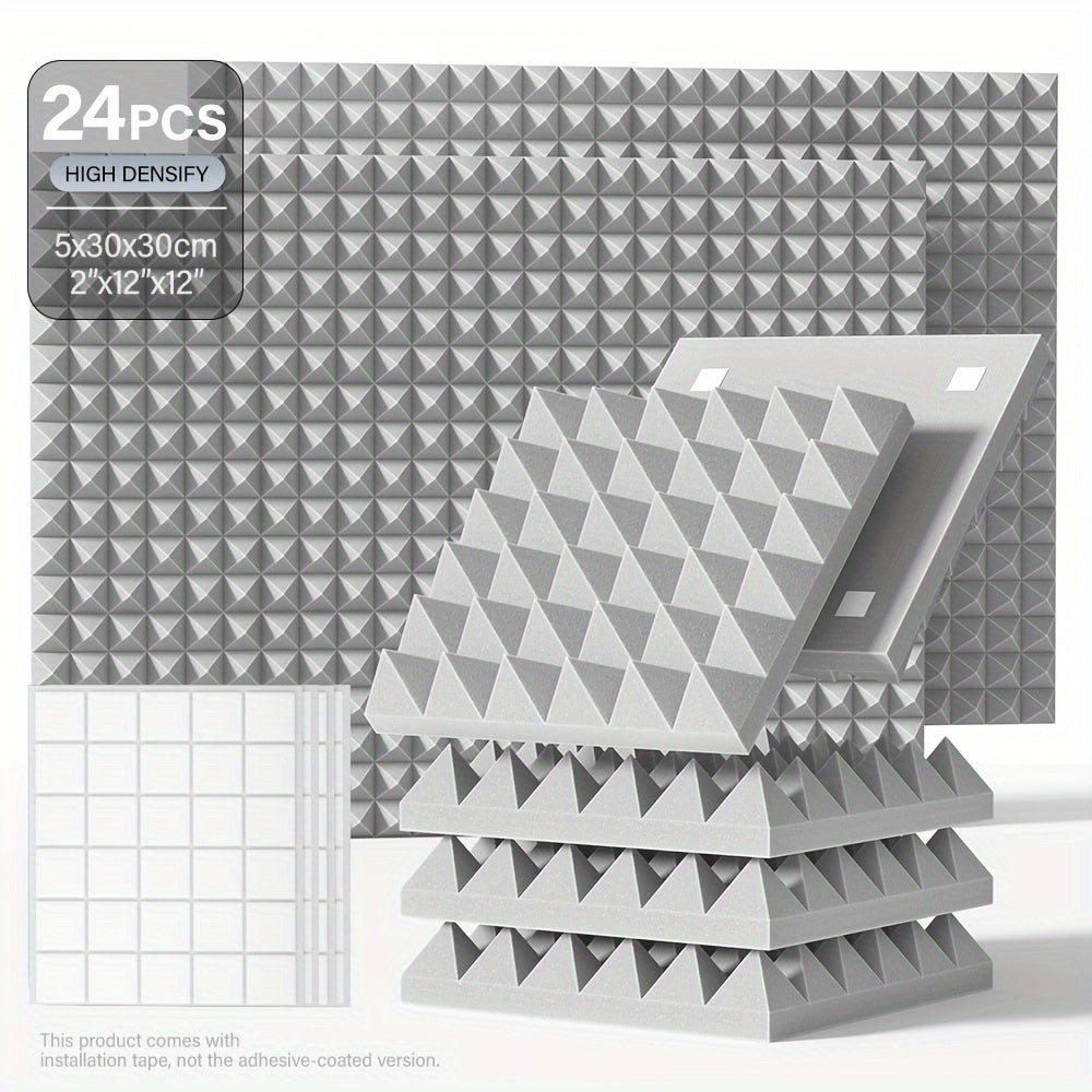 12/24pcs - TMJD MISS Paneles de Espuma Insonorizante en Forma de Pirámide, 5.08x30.48x30.48 cm - Azulejos de Cuña Acústicos de Alta Densidad para Aislamiento de Paredes de Estudio, Negro/Blanco/Gris - Incluye Cinta de Instalación, Aislamiento Acústico de