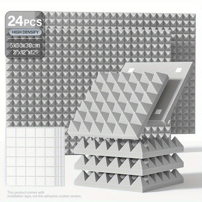 12/24pcs - TMJD MISS Paneles de Espuma Insonorizante en Forma de Pirámide, 5.08x30.48x30.48 cm - Azulejos de Cuña Acústicos de Alta Densidad para Aislamiento de Paredes de Estudio, Negro/Blanco/Gris - Incluye Cinta de Instalación, Aislamiento Acústico de