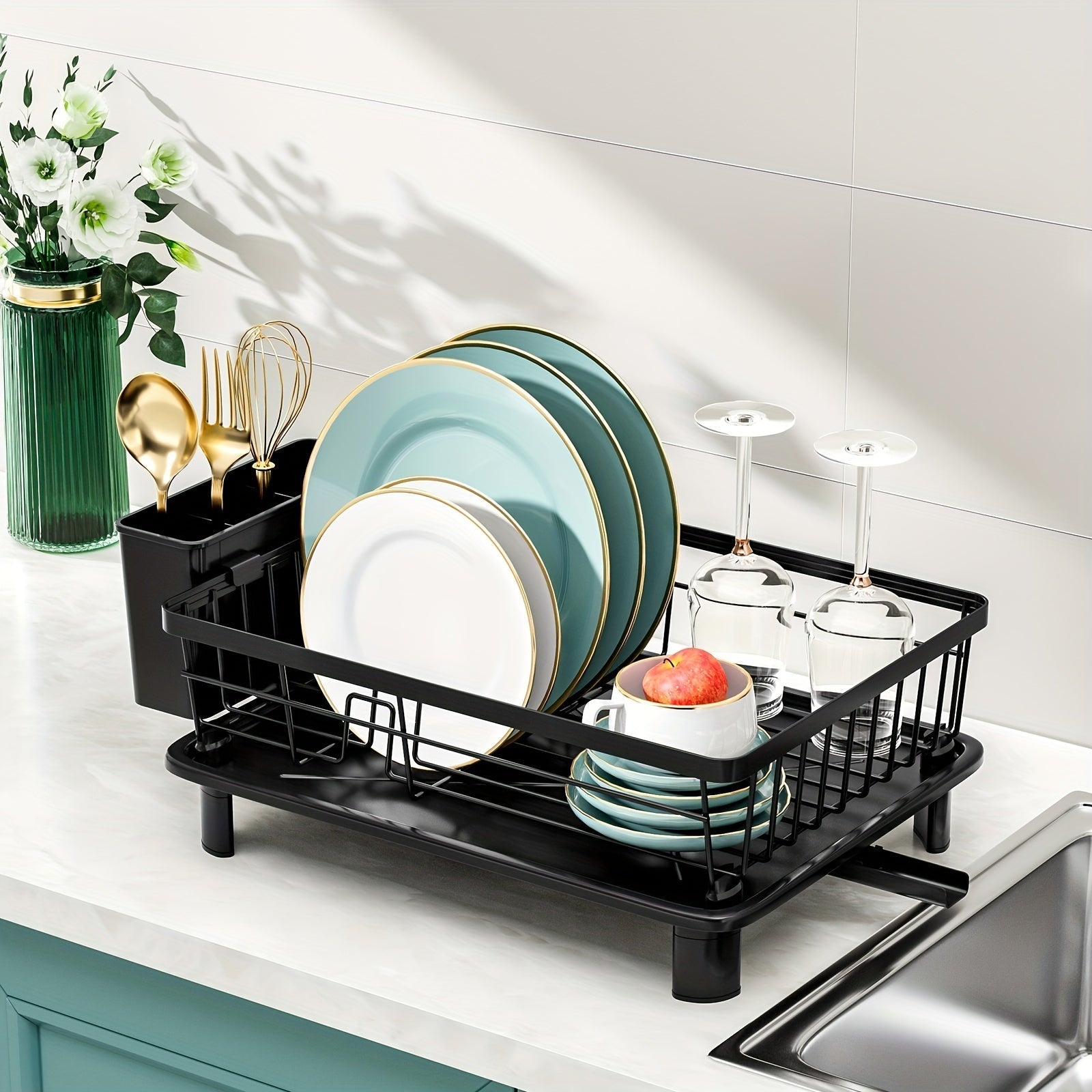 Organizador de cocina multifuncional con escurridor de platos, bandeja de drenaje y porta utensilios - Secador de platos para cubiertos, cuchillos, tenedores y palillos, ahorra espacio en la encimera