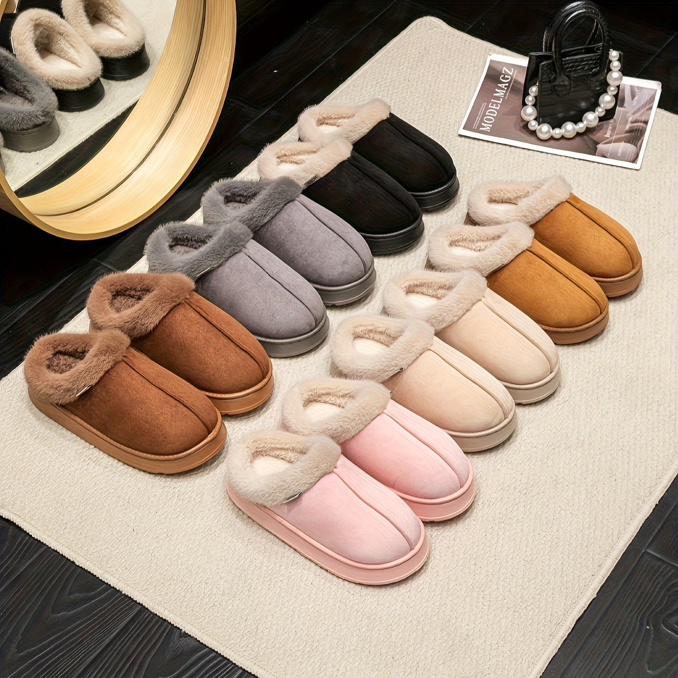 Elegantes zapatillas cortas de felpa para mujer que se ponen sin atar, con suela gruesa de EVA acolchada - Parte superior de tejido suave, comodidad para todas las estaciones, uso interior/exterior, zapatillas de interior, calzado de interior, zapatillas