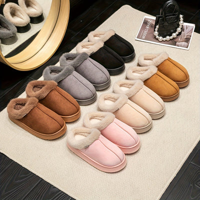 Elegantes zapatillas cortas de felpa para mujer que se ponen sin atar, con suela gruesa de EVA acolchada - Parte superior de tejido suave, comodidad para todas las estaciones, uso interior/exterior, zapatillas de interior, calzado de interior, zapatillas