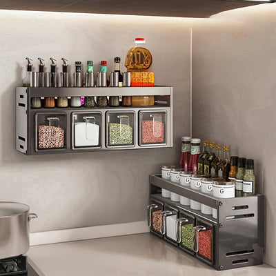 Organizador de especias de acero inoxidable con estantes y frascos colgantes - Conjunto de almacenamiento de cocina multifuncional, diseño que ahorra espacio para especias, hierbas y condimentos, organizadores y almacenamiento de cocina.