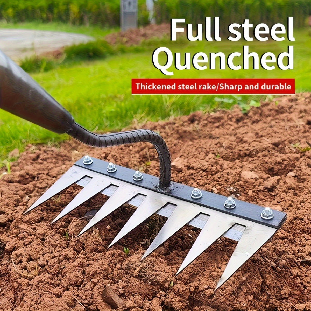 Rastrillo de jardinería de acero al carbono de alta resistencia con 5/6/7/8 dientes - Material grueso y duradero, mango ergonómico para la eficiente eliminación de malezas y suelos, herramienta de jardinería y agrícola para uso doméstico y profesional, r