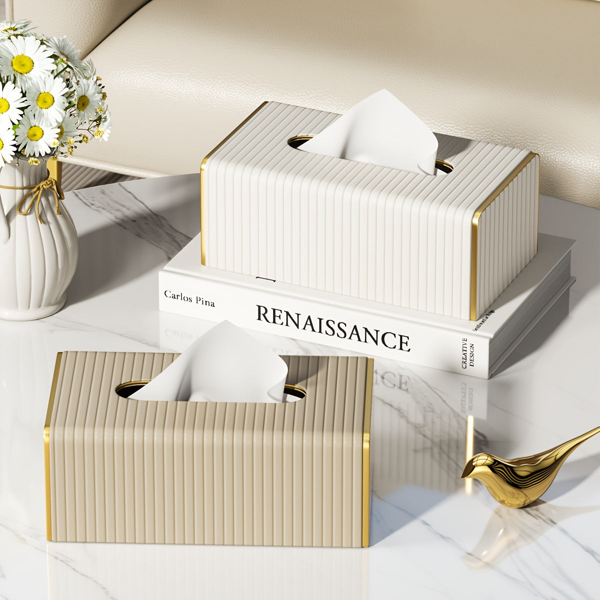 Estuche Elegante para Pañuelos de Cuero Sintético Estilo Nórdico con Rayas Italianas - Diseño Rectangular en Blanco y Dorado para Sala, Comedor o Baño, Decoración de Pared