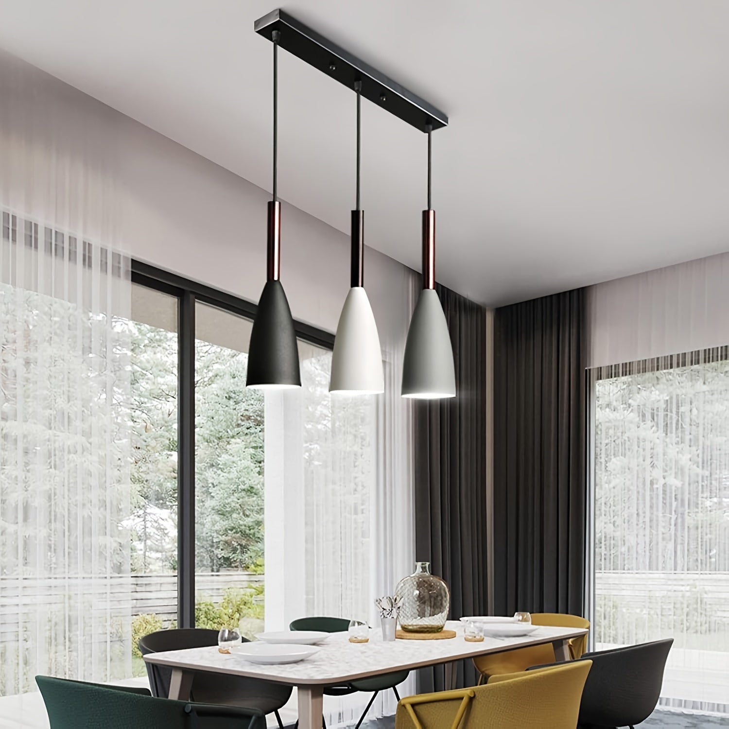 Modernas Lámparas Industriales de 3 Luces con Pantalla Metálica Recta, Candelabros Decorativos al Estilo Moda sin Madera de Roble y Acabado en Hierro, Aparato de Iluminación Retro Industrial para Colgar en el Techo con Luz Ajustable para Cocina, Dormitor