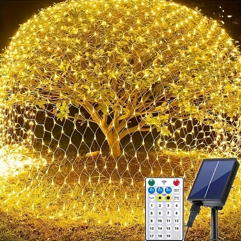 2 piezas de luces solares JXFYD con malla, 19 modos y control remoto, color amarillo cálido, luces de cadena para exteriores, decoración de jardín, Navidad, Halloween, bodas, Año Nuevo, plástico duradero, energía solar y batería recargable, luces solares