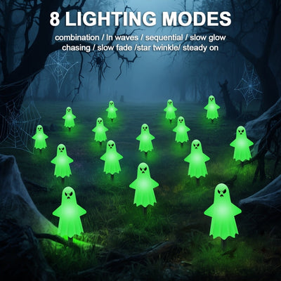 12 paquetes de luces solares de tierra espeluznantes para Halloween - Bats de horno de luces verdes, calidad IP44, 8 modos de iluminación (esqueleto/soplado/cambiando), montaje semi-inclinado, plástico duradero para decoraciones de exteriores de Hallowee