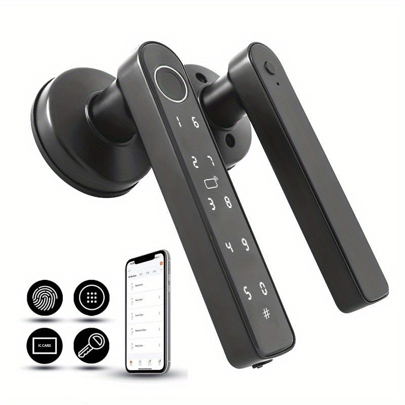 Cerradura inteligente biométrica 5 en 1 con huella digital, entrada sin llave, compatible con app, tarjeta IC, contraseña y llave, 99% de precisión, inalámbrica, acabado negro en aleación de zinc, alimentada por batería con carga USB, sin necesidad de ca