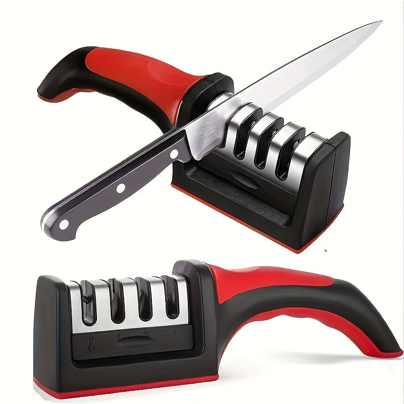 Afiliador Profesional de Cuchillos, Herramienta Portátil para Afilar 4 Hojas con Mango Rojo y Base Negra - Ideal para Diversos Tipos de Cuchillas, Accesorio Perfecto para una Familia de 30 Personas