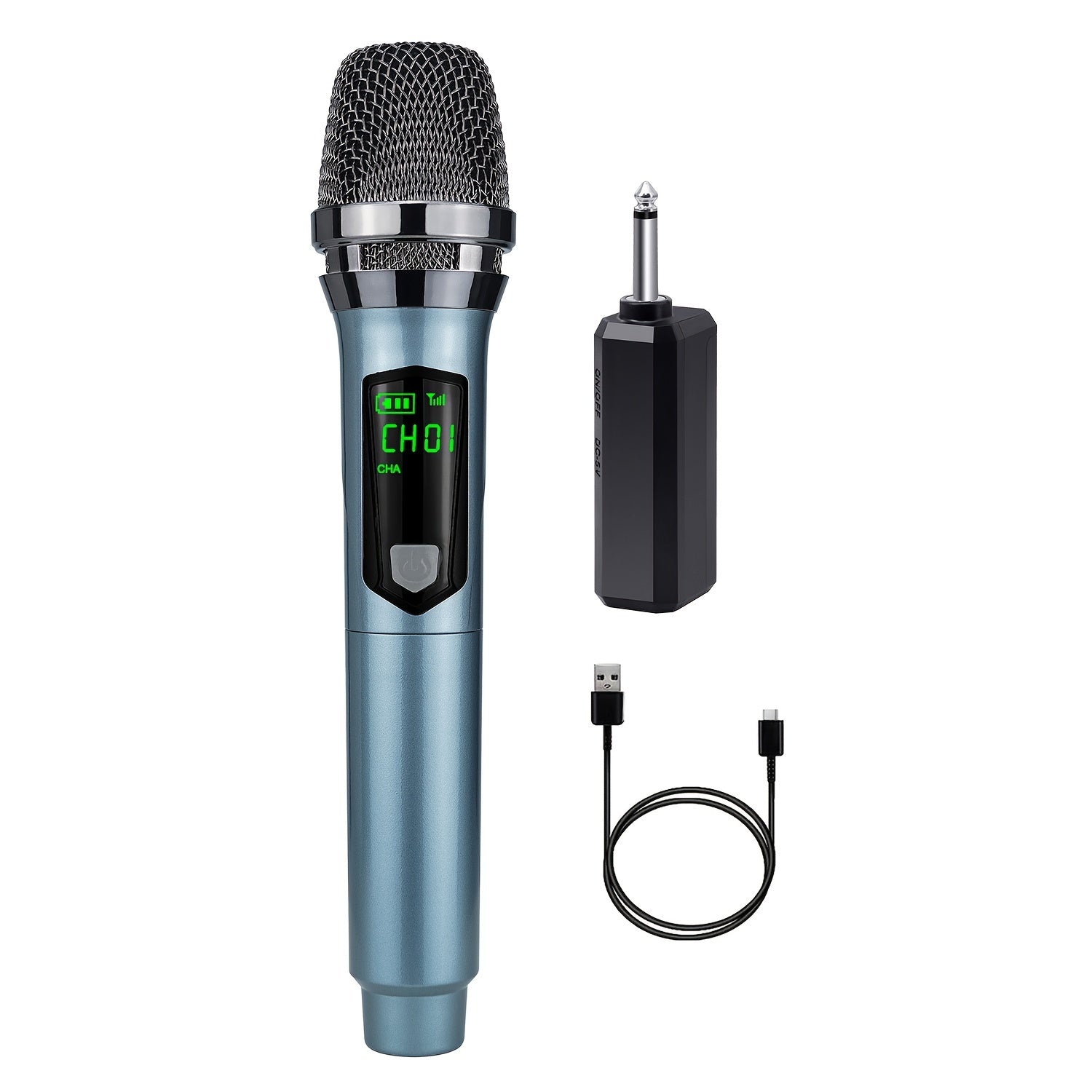 Micrófono dinámico gris Heikuding 108 con control de volumen, batería de litio recargable por USB, conector de 6,35 mm, inalámbrico a 2,4 MHz, con clip y soporte para actuaciones en vivo, grabación y transmisión.