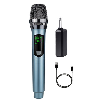 Micrófono dinámico gris Heikuding 108 con control de volumen, batería de litio recargable por USB, conector de 6,35 mm, inalámbrico a 2,4 MHz, con clip y soporte para actuaciones en vivo, grabación y transmisión.