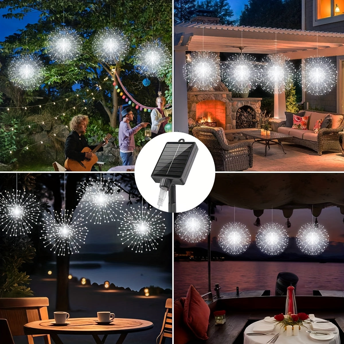 4 luces colgantes solares para exteriores tipo fuegos artificiales, cadena de luces LED, 240 LED esferas centelleantes, blanco cálido/multicolor/blanco, 8 modos, para patio, sombrilla, alero, jardín, árbol, carpa, decoración navideña