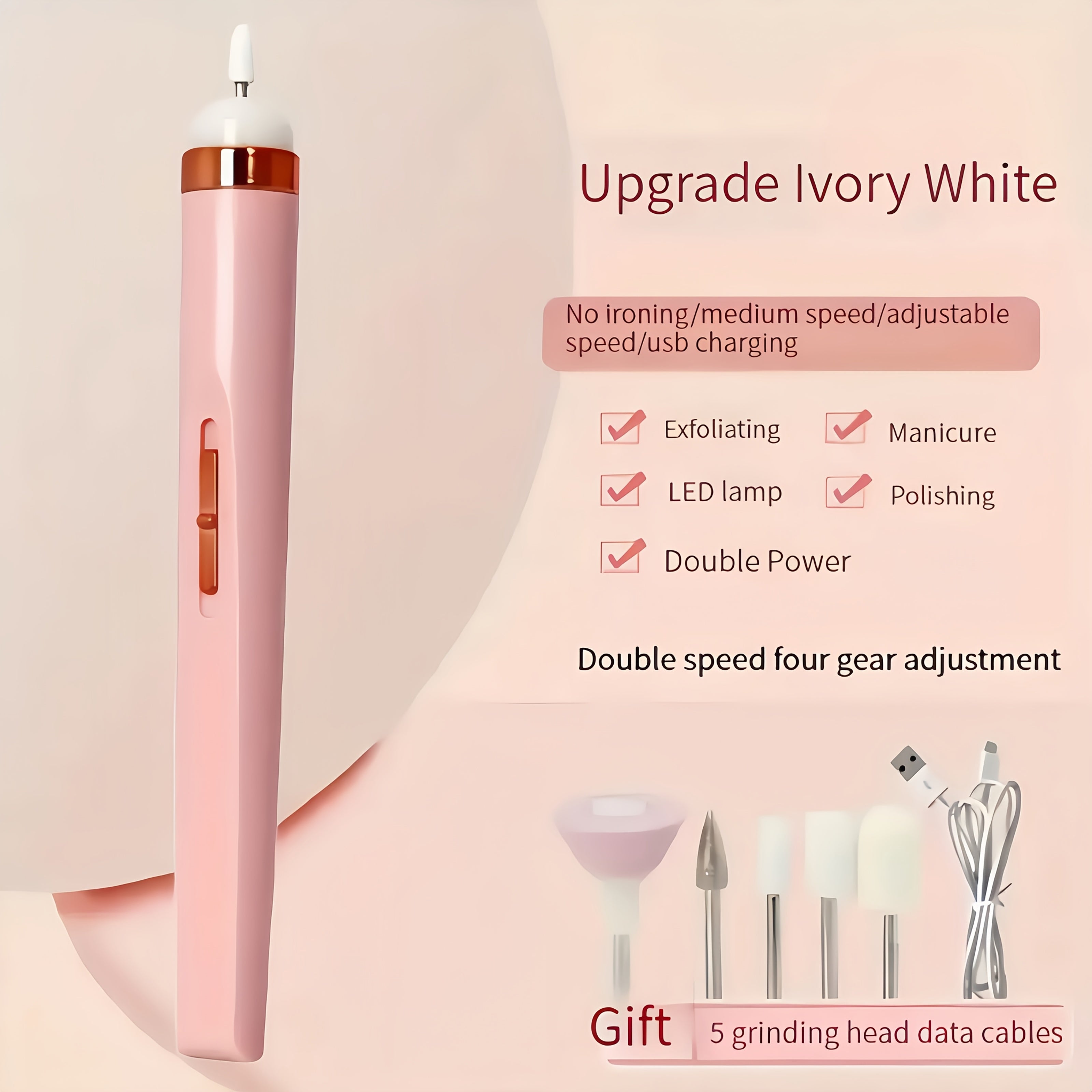 Broca Eléctrica USB de 2 Colores, Taladro Profesional para Uñas Acrílicas y Gel con Lima y Empujador de Cutículas, Luz LED Sin Olor, Batería de Litio Duradera, Juego Ideal para Regalo de Cumpleaños o Fiestas