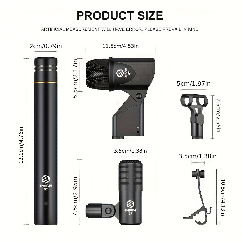 Kit de Micrófono para Instrumentos LMBGM G7 de 7 Piezas con Cable para Batería, Micrófono Dinámico para Bajo, Tom, Platillo y Charles, Uso para Batería, Voz, Banda, DJ, Escenario y Grabación Instrumental en Vivo