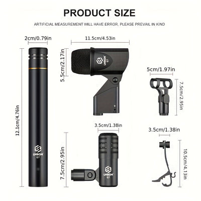 Kit de Micrófono para Instrumentos LMBGM G7 de 7 Piezas con Cable para Batería, Micrófono Dinámico para Bajo, Tom, Platillo y Charles, Uso para Batería, Voz, Banda, DJ, Escenario y Grabación Instrumental en Vivo