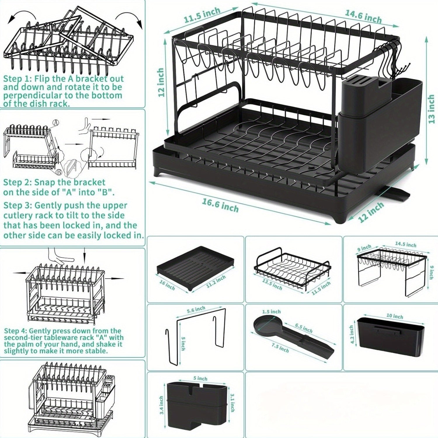 Estante de platos de acero inoxidable de 2 niveles con bandeja de drenaje giratoria incorporada, incluye soporte para cuchillos y palillos para almacenamiento eficiente de 25-32 platos (10-12 platos, 15-20 tazones)
