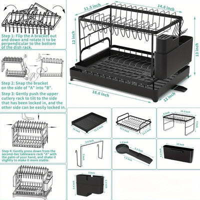 Estante de platos de acero inoxidable de 2 niveles con bandeja de drenaje giratoria incorporada, incluye soporte para cuchillos y palillos para almacenamiento eficiente de 25-32 platos (10-12 platos, 15-20 tazones)