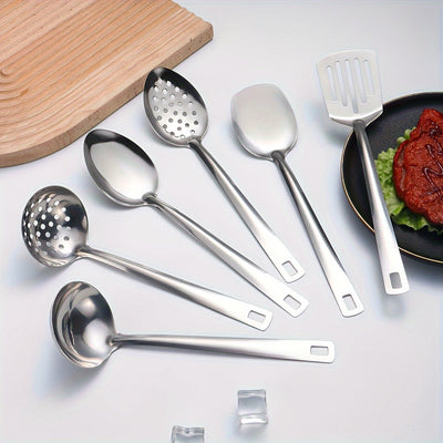 Juego de 6 utensilios de cocina de acero inoxidable - Prácticas herramientas de cocina con cuchara ranurada, espumadera, cuchara maciza, espátula, espátula ranurada - Batería de cocina multiusos duradera para el hogar y el restaurante