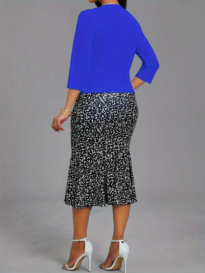 Conjunto elegante de dos piezas, Blazer de manga tres cuartos y vestido ajustado con estampado floral, Ropa de mujer.