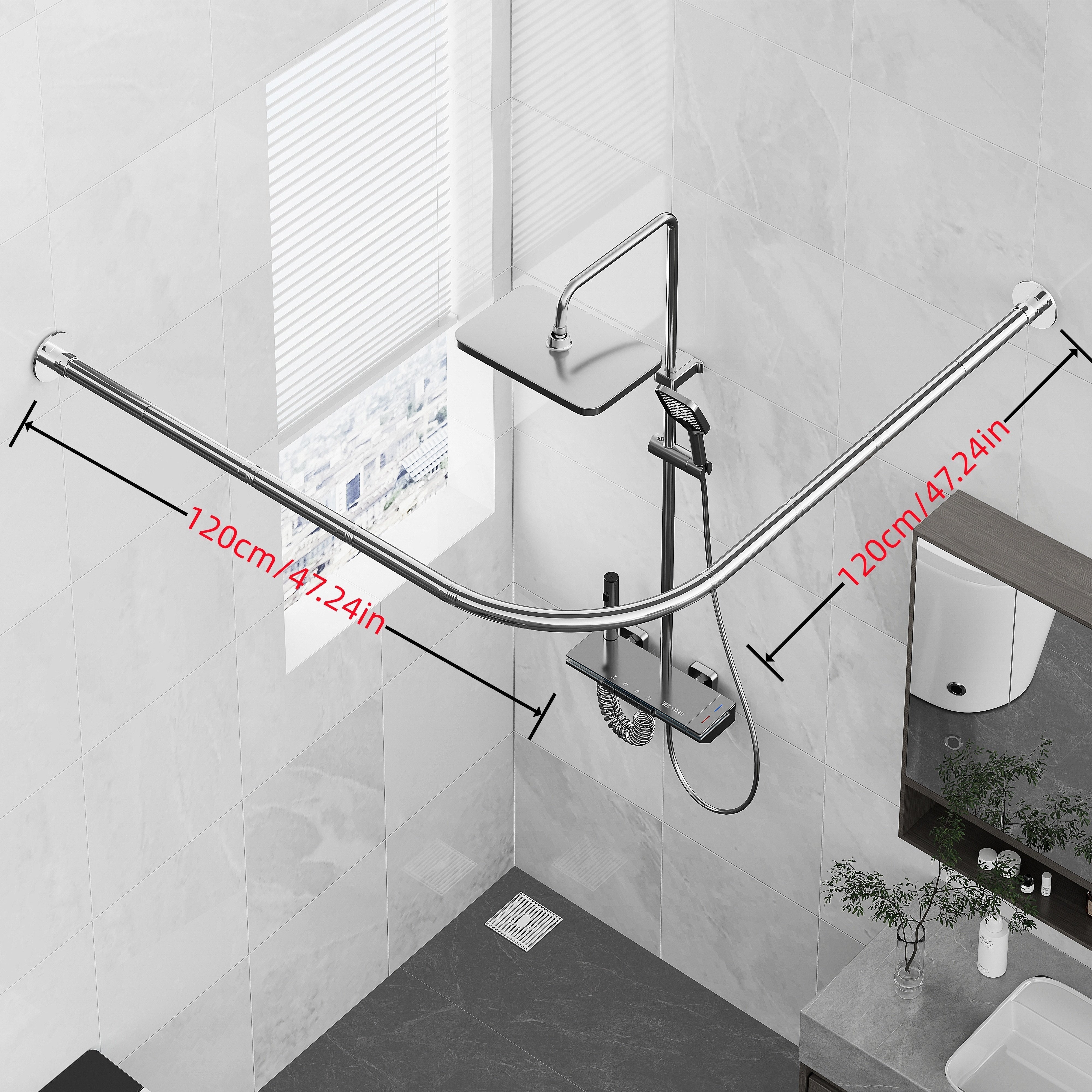 1pc Barra de cortina de ducha de esquina de acero inoxidable plateado, marco en forma de L, instalación sin orificios, adecuada para baño, bañera, tienda de ropa, accesorios de baño duraderos y elegantes al aire libre