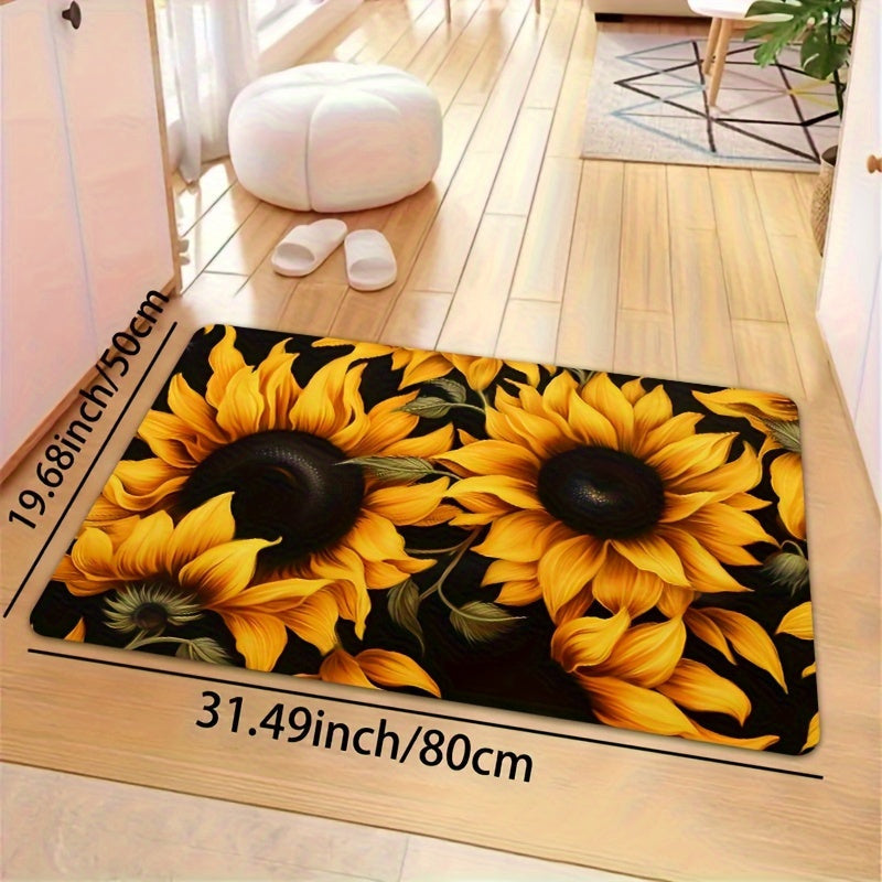Alfombra Antideslizante Con Patrón De Girasol, Versátil Para Cocina, Baño Y Decoración Exterior, Alfombra De Poliéster Lavable A Máquina, Tapetes Para Baño Y Inodoro, Patrón Floral Soleado, Decoración De Baño