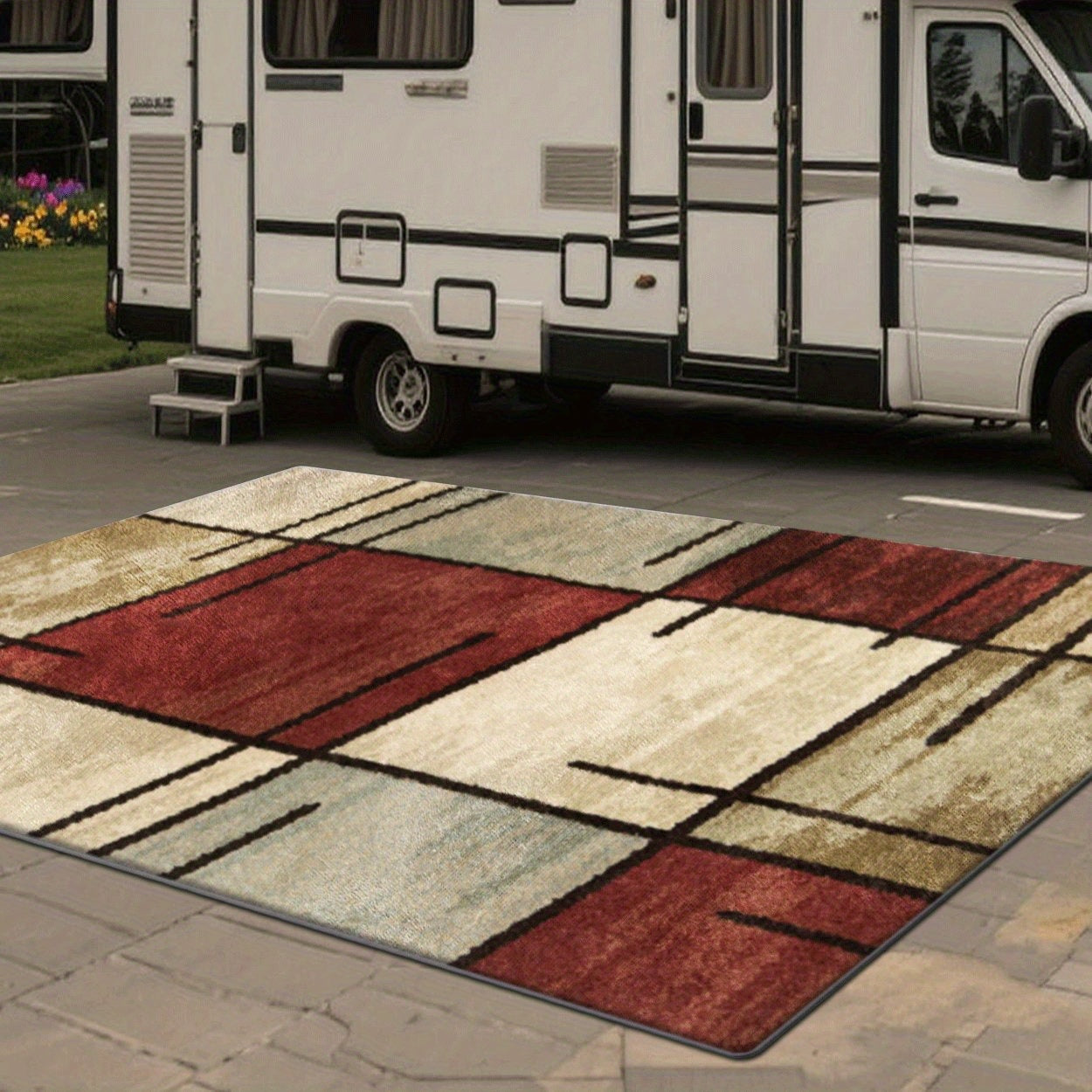 2D Impresión Plana, Patrón de Bloques de Color Exquisito, Alfombra Decorativa de Estilo Vintage 1 Unidad, Picnic, Camper, Balcony Patio, Deck, Camping, Decoración de Vacaciones Interior y Exterior, Disponible en Múltiples Escenas, Disponible en Múltiples