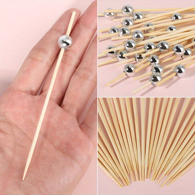 100 piezas de palillos de dientes de bambú para fiestas de bodas, palillos para verduras y frutas con perlas, aperitivos y frutas con perlas doradas/rosas/blancas, palillos para alimentos y bebidas de Navidad, Año Nuevo, palillos para pasteles, postres,