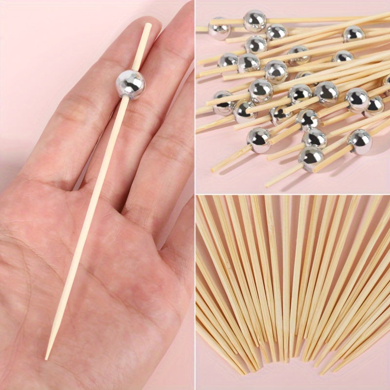 100 piezas de palillos de dientes de bambú para fiestas de bodas, palillos para verduras y frutas con perlas, aperitivos y frutas con perlas doradas/rosas/blancas, palillos para alimentos y bebidas de Navidad, Año Nuevo, palillos para pasteles, postres,