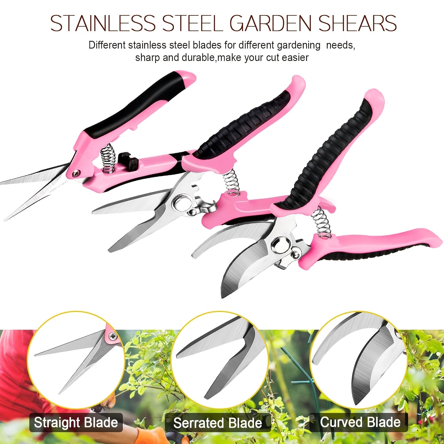 Juego de herramientas de podar manual con cuchillas de acero inoxidable, tijeras de jardinería profesionales rosadas para podar flores y jardinaje (4 piezas)