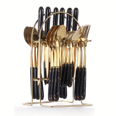 Juego de Cubiertos de Acero Inoxidable de 24 Piezas con Mangos de Cerámica, Cubiertos Elegantes para Comidas y Postres, Incluye Cuchillos, Tenedores, Cucharas, Cucharitas - Ideal para Uso en Casa, Restaurante, Hotel, Utensilios de Cocina