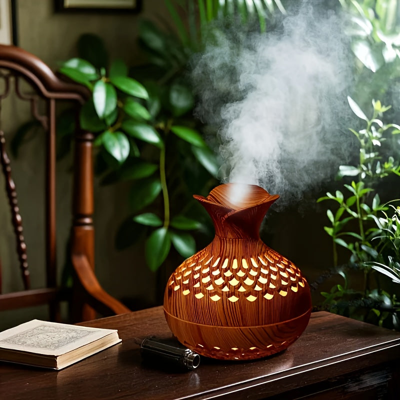 Humidificador de Lujo con Grano de Madera, Nebulizador Frío USB, Diseño Elegante Cortado por Láser, Difusor de Aceites Esenciales y Purificador de Aire para Dormitorio - Idea de Regalo Festivo