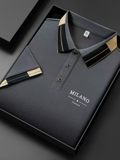 Camiseta polo ligera y suave para hombre con estampado de letras "MILANO ITALIA" - Transpirable para verano, uso casual y empresarial, ajuste regular, cuello con botones, perfecta para vacaciones y uso diario, ropa de vacaciones, diseño de contraste eleg