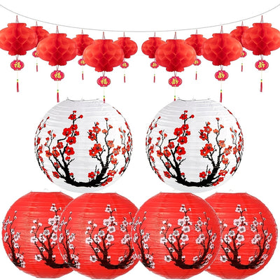 Kit de Decoraciones para Fiestas Japonesas y Chinas de 16 Piezas - 6 Linternas Japonesas y 10 Linternas Chinas Rojas para Año Nuevo, Festival de Primavera, Boda, Fiesta, Ocasión de Boda, Ocasión de Despedida de Soltera, Ocasión Universal
