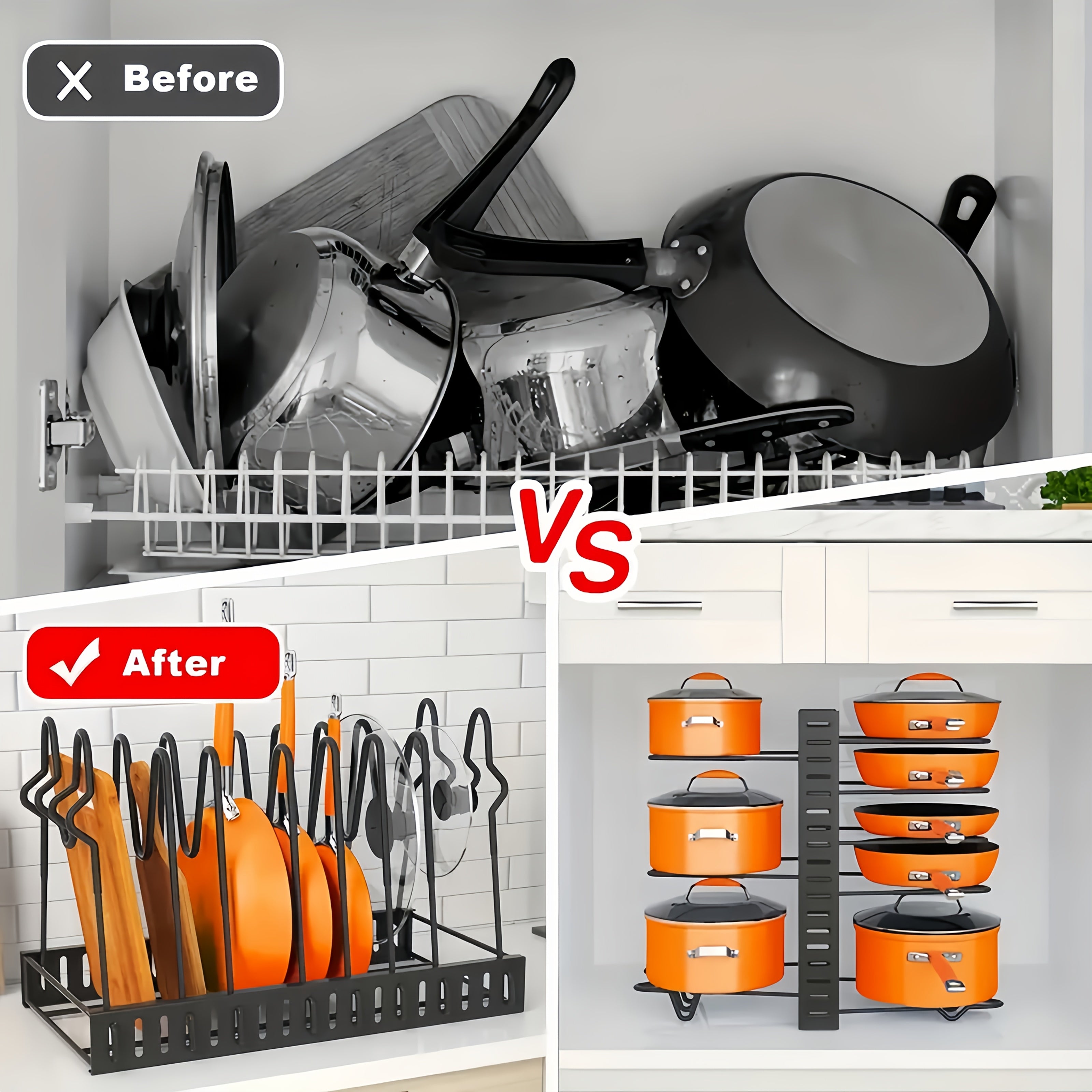 Estante de organización de cocina de 8 niveles ajustable - Hierro resistente a la herrumbre, almacenamiento bajo el gabinete que ahorra espacio para ollas y sartenes, estantes de ollas para cocina