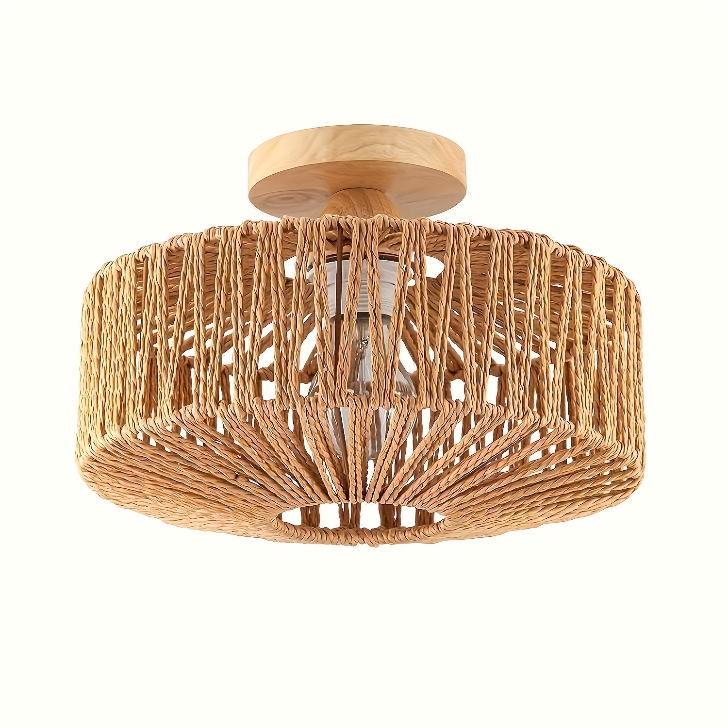 1 pieza - Lámpara de Techo Semienterrada de Ratán, Iluminación para Áreas Comerciales en Salón de Comedor, Café, Decoración de Bar, Lámpara de Techo Estilo Boho con Pantalla de Mimbre Tejido a Mano, Colgante Estilo Granja Boho