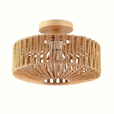 1 pieza - Lámpara de Techo Semienterrada de Ratán, Iluminación para Áreas Comerciales en Salón de Comedor, Café, Decoración de Bar, Lámpara de Techo Estilo Boho con Pantalla de Mimbre Tejido a Mano, Colgante Estilo Granja Boho