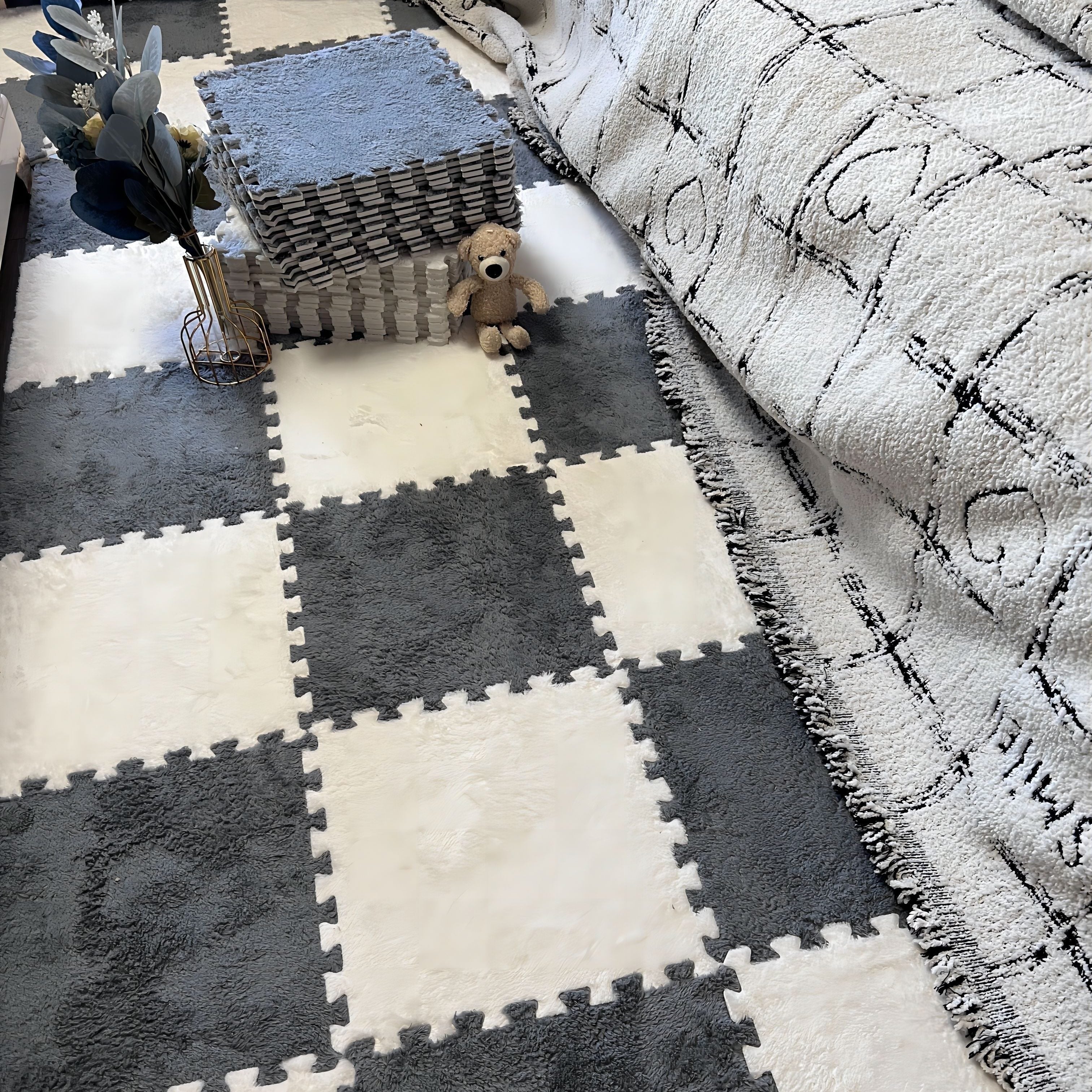 1 Juego De 24 Piezas, Alfombra De Ante, De 2 Colores, De Dormitorio, De Rompecabezas, Alfombra Interior, Cuadrada Simple, Decoración Del Hogar, Aislamiento Acústico Y Absorbente De Impactos, De Juego