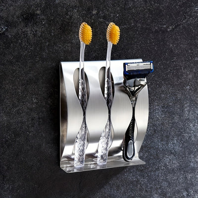 1pc Soporte Elegante para Cepillos de Dientes de Acero Inoxidable - Montaje en Pared, Sin Taladro, con 2 o 3 Ranuras, Incluye Almacenamiento para Maquinillas de Afeitar - Perfecto para Baños Modernos