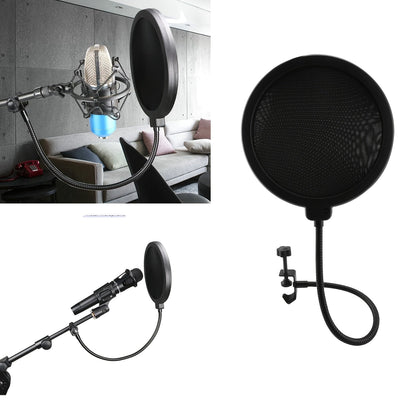 1pc Filtro de malla doble de 6 pulgadas con malla insonorizante, abrazadera de goose neck de 360 grados, brazo estable para karaoke en vivo, grabación de voz en estudio - Negro