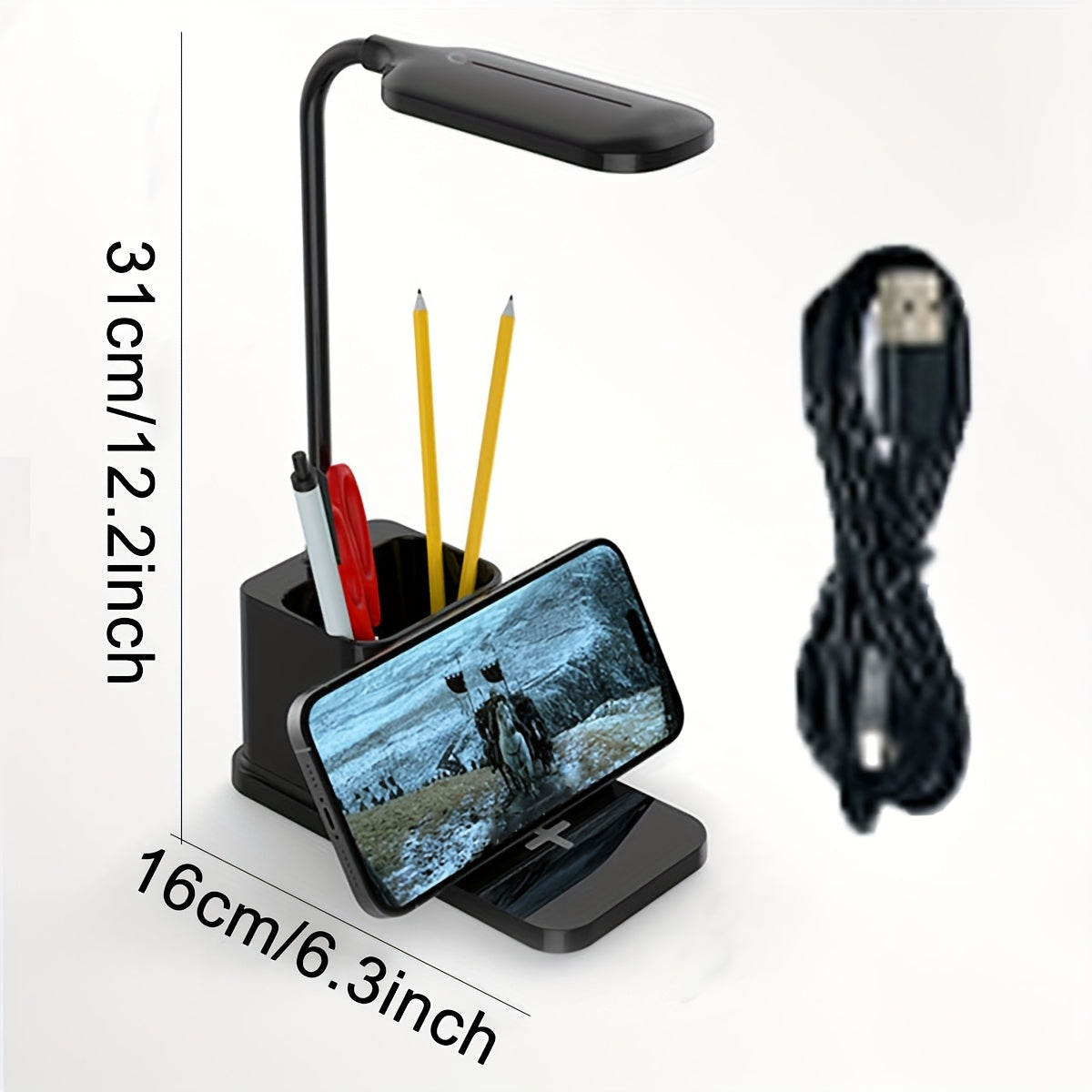 1 pieza de luz nocturna alimentada por USB con soporte para bolígrafo, lámpara de escritorio de carga inalámbrica minimalista moderna, plegable y ajustable en un ángulo de 360°, luz de tres colores con función de apagado táctil, adecuada para decorar el