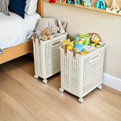 1pc Cesta de Almacenamiento Plegable Grande Blanca con Ruedas - Organizador Colapsable de Plástico con Asas y Agujeros de Ventilación para Toallas, Ropa, Juguetes - Ahorro de Espacio Portátil para Hogar, Cocina, Baño, Spa