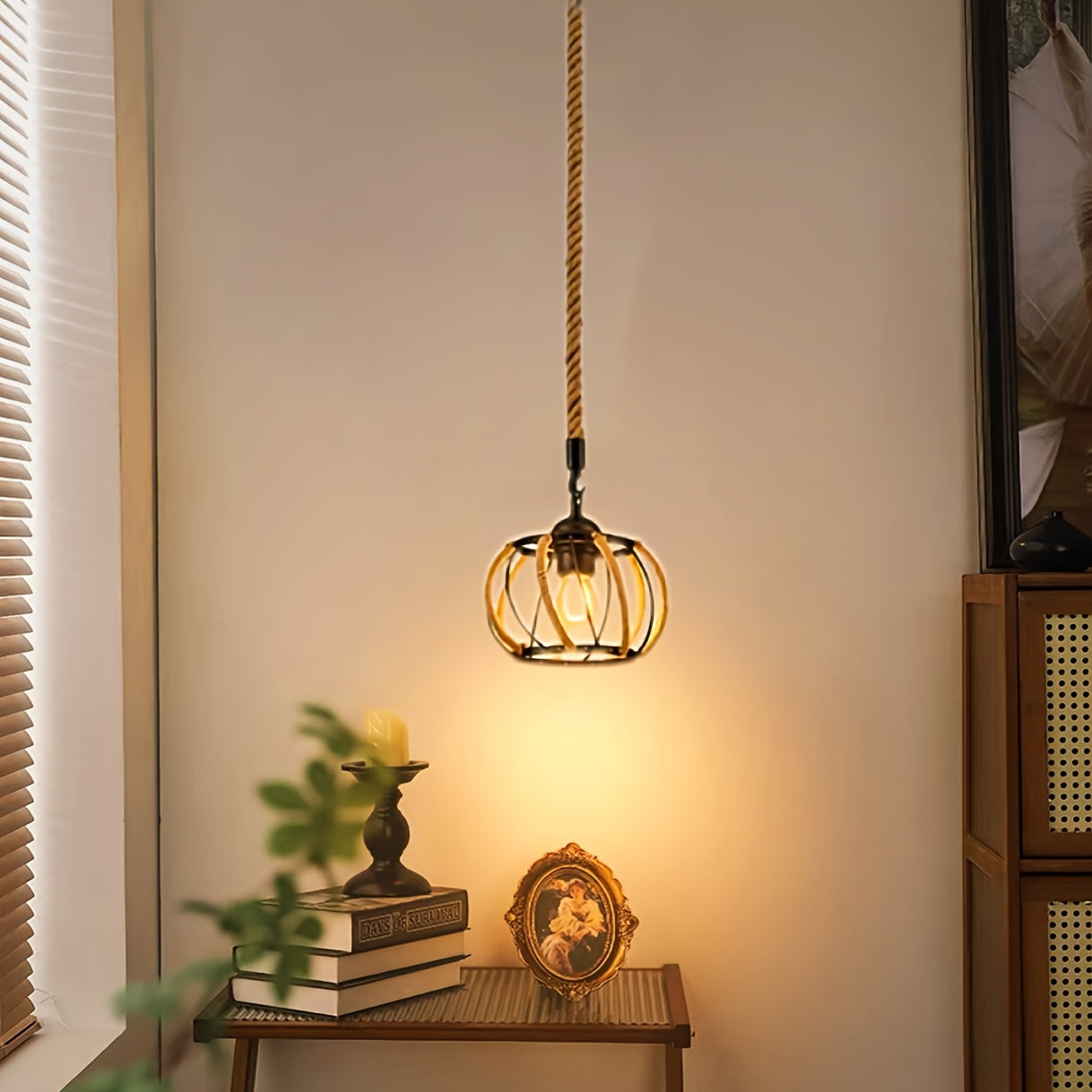 Arandela Colgante Industrial Moderna con Cuerda Tejida y Marco de Hierro - Lámpara Redonda Rústica para Comedor o Pasillo, Sin Bombilla Incluida, Compatible con 110V-220V, Iluminación Ambiental | Luces Decorativas Minimalistas | Arco Iris de Hierro, Deco