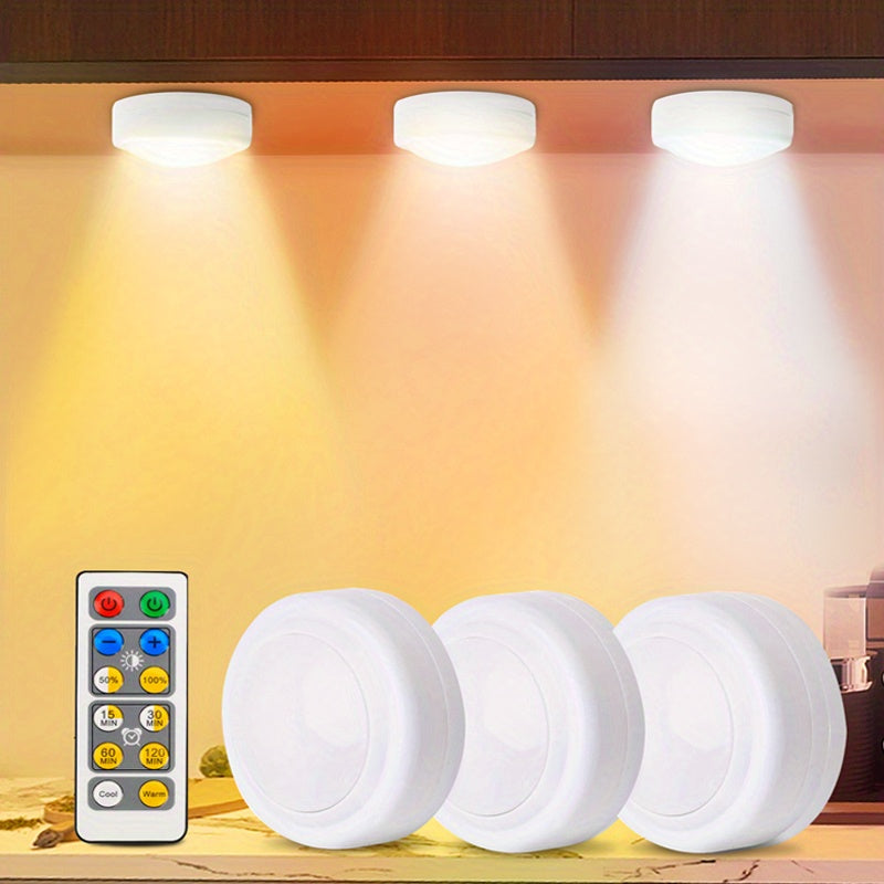 Juego de 3 o 6 lámparas LED para hockey sobre hielo con 3 colores de luz, alimentadas por 3 pilas AAA y control remoto, luces regulables para gabinetes de dormitorio, armario, cocina o vitrina, luz nocturna novedosa en blanco, cálido y natural