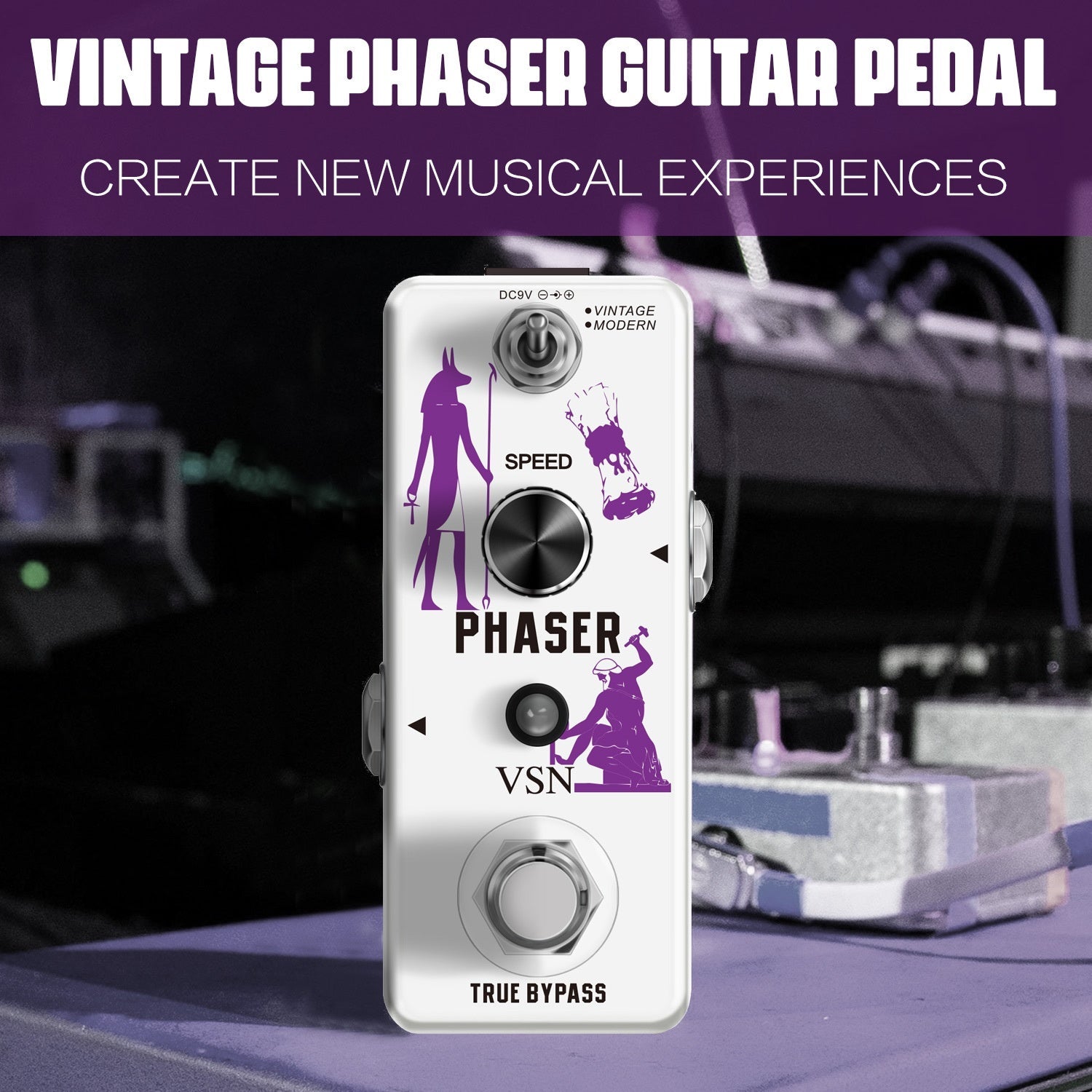 Pedal de efectos de guitarra Phaser VSN - Faseador vintage con 2 modos (True Bypass y aumento de volumen), control de palanca analógica, tipo mini para guitarra eléctrica, blanco, pedal de guitarra, electrónica de cableado