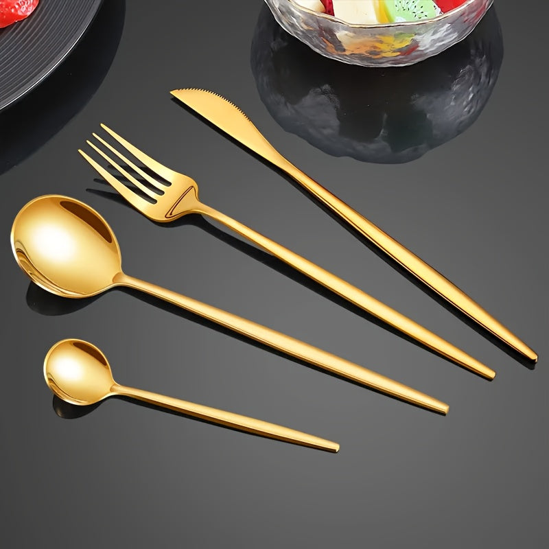 Juego de Cubiertos Dorados de 4/24 Piezas, Cuchillo, Tenedor, Cuchara, Juego de Cubiertos de Acero Inoxidable, Creativo y de Alta Gama, Pulido Espejo, Adecuado para el Comedor de Casa