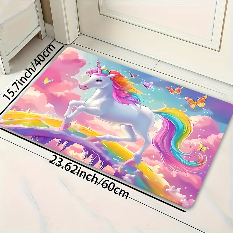 1pc Alfombra de Área de Unicornio Whimsy Woods, 8mm de Grosor, Alfombra de Poliéster con Dibujo de Caballo Fantasía para Dormitorio, Sala de Estar, Entrada - Alfombra Rectangular Lavable a Máquina para Decoración Interior, Alfombras para Sala de Estar, P