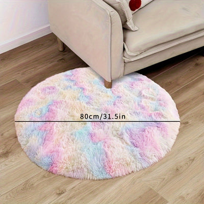 Alfombra Redonda de Peluche Suave - Diseño Acogedor de Tí-dye en Tonos Pastel, Alfombra Esponjosa de Piel Sintética para Dormitorio, Sala de Juegos o Habitación Infantil, Material de Poliéster Lavable a Máquina, Tapete para el Suelo del Dormitorio | Text