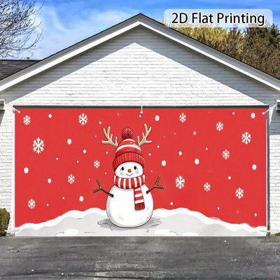 2D Banner de Puerta, 1 Pieza, Fiesta Navideña, Alce y Hombre de Nieve 2D, Impresión Plana, Banner de Puerta de Garaje - Decoración de Vacaciones Duradera de Poliéster con Copos de Nieve Rojos, Perfecto para Navidad, Bodas, Fiestas Hawaianas y Decoración